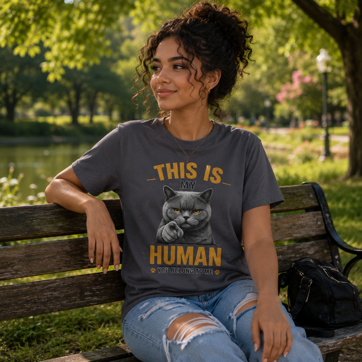 This Is My Human Funny Cat Lover T-Shirt – Grumpy Cat Graphic Tee for Cat Moms & Cat Dads